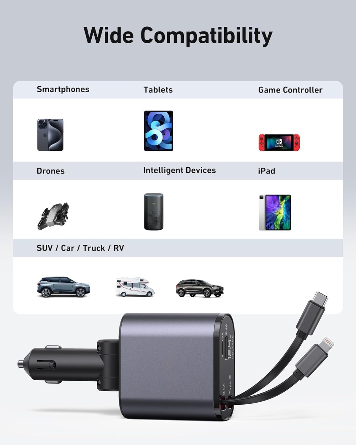 Trendtronics Retractable Car Charger, 120W - 4 in 1 Fast Car Charger with USB-C & Lightning Cables