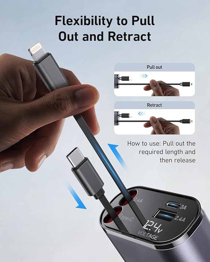 Trendtronics Retractable Car Charger, 120W - 4 in 1 Fast Car Charger with USB-C & Lightning Cables