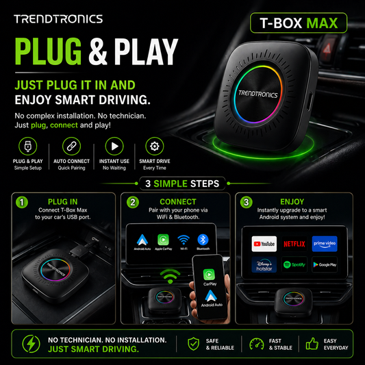 Trendtronics Tbox Max with Inbuilt SIM Slot , 8+128GB, Android 13, CarPlay & Android Auto, Google Play, YouTube, Netflix, jiohotstar(1-Year Warranty)
