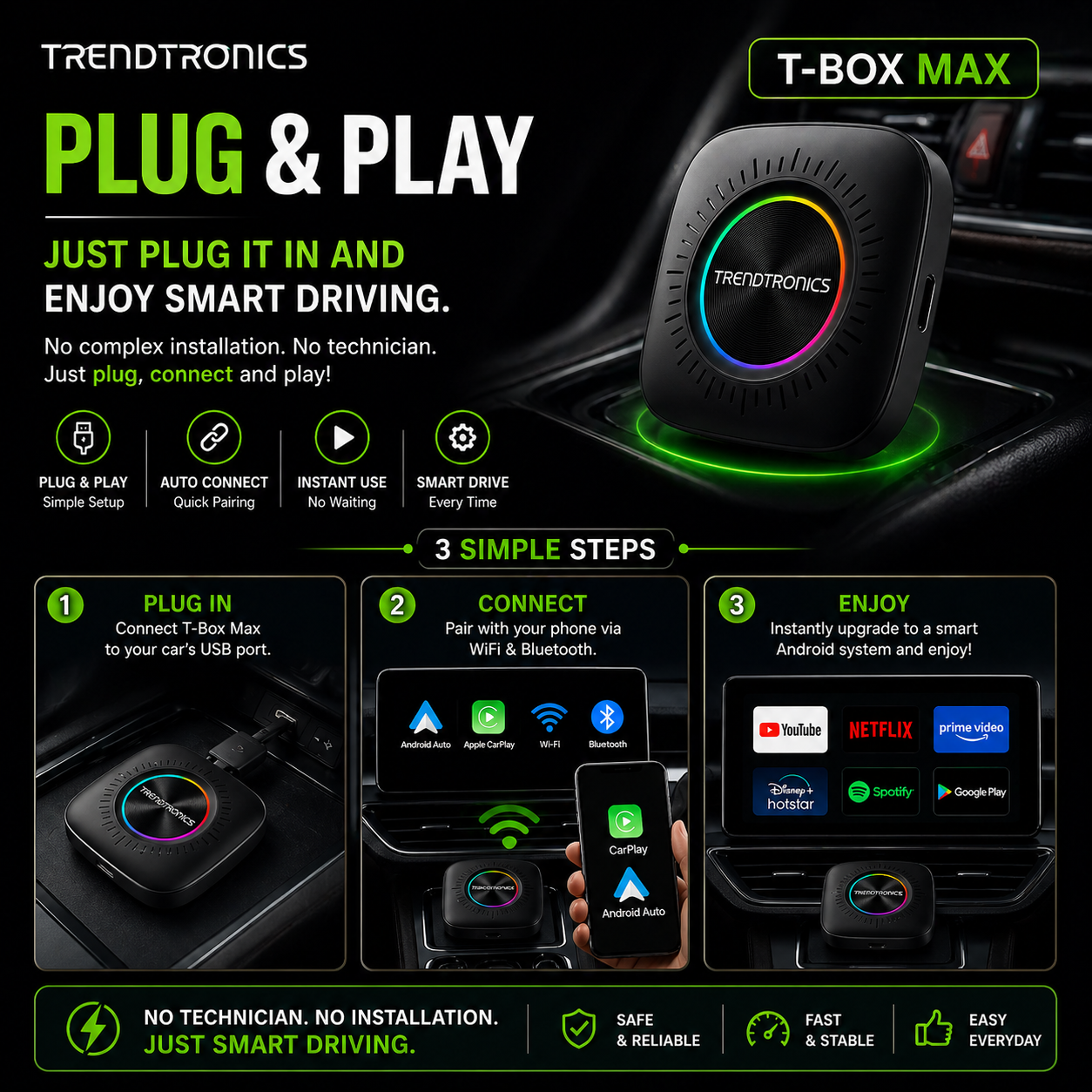 Trendtronics Tbox Max with Inbuilt SIM Slot , 8+128GB, Android 13, CarPlay & Android Auto, Google Play, YouTube, Netflix, jiohotstar(1-Year Warranty)