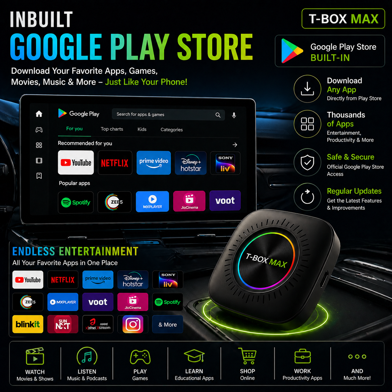 Trendtronics Tbox Max with Inbuilt SIM Slot , 8+128GB, Android 13, CarPlay & Android Auto, Google Play, YouTube, Netflix, jiohotstar(1-Year Warranty)